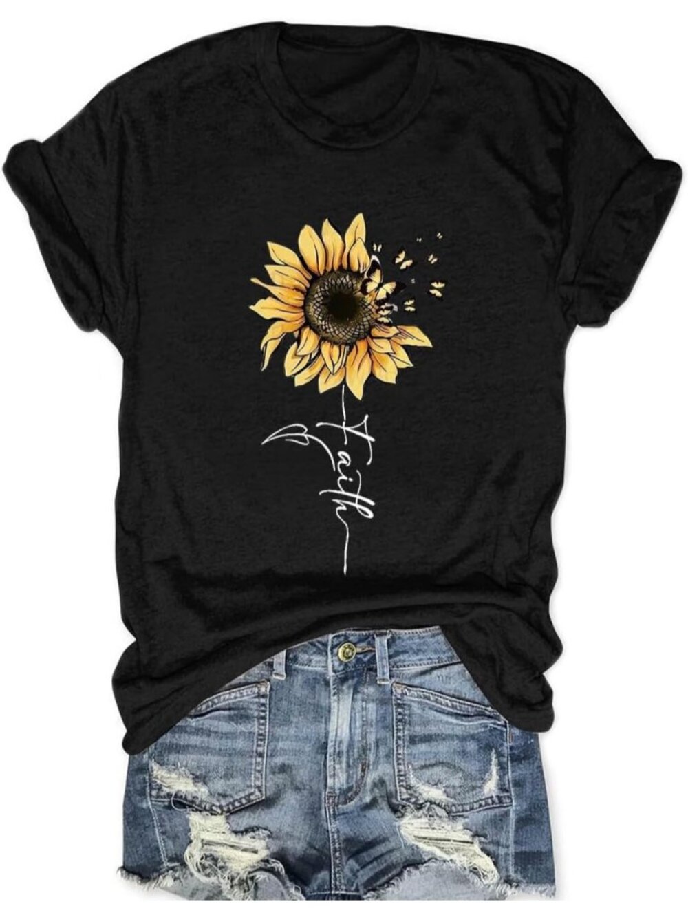 Women's Blue Short Sleeve Crew Neck Tee Shirts Sunflower Summer Vintage Tops